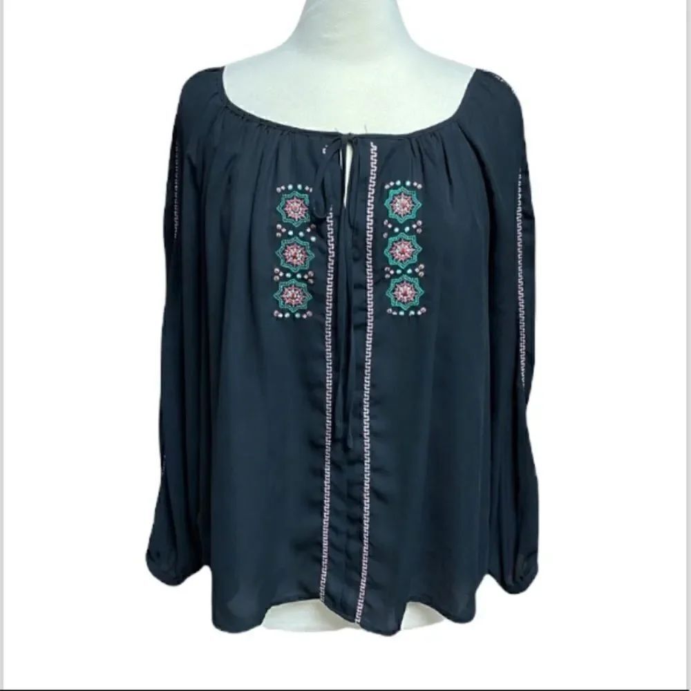 GB Black Sheer Embroidery Tie Front Blouse